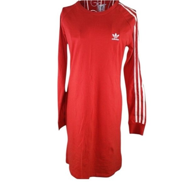 Adidas Red White Three Stripe Pullover Sweatshirt Dress Youth Size 13-14 Yrs - Picture 1 of 6